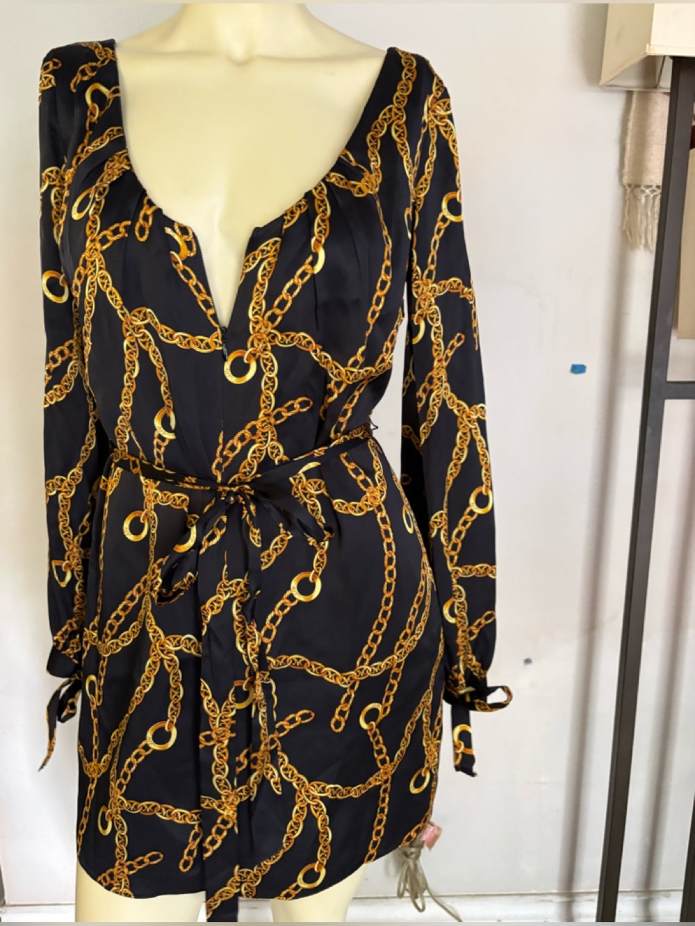 Milly of New York Black Mini Dress-with Gold Chain Print Size 4